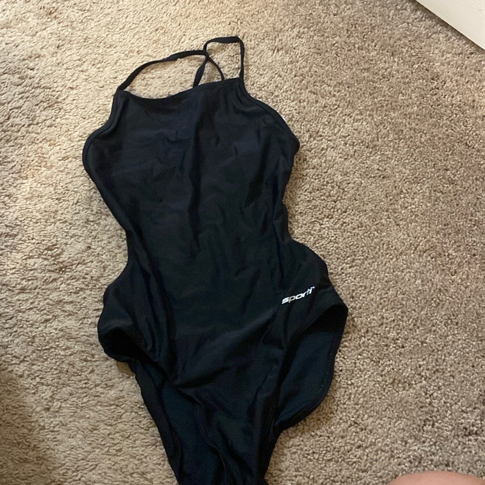 Black one piece competitive bathing suit.